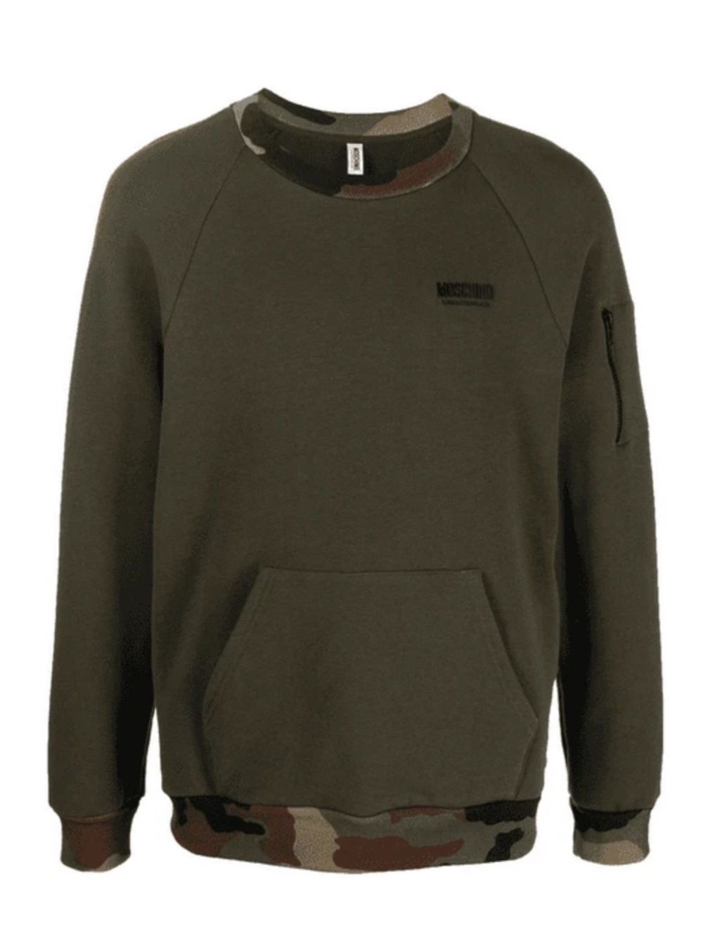 Moschino Olive Green Crewneck Sweater with Camo Trim XS